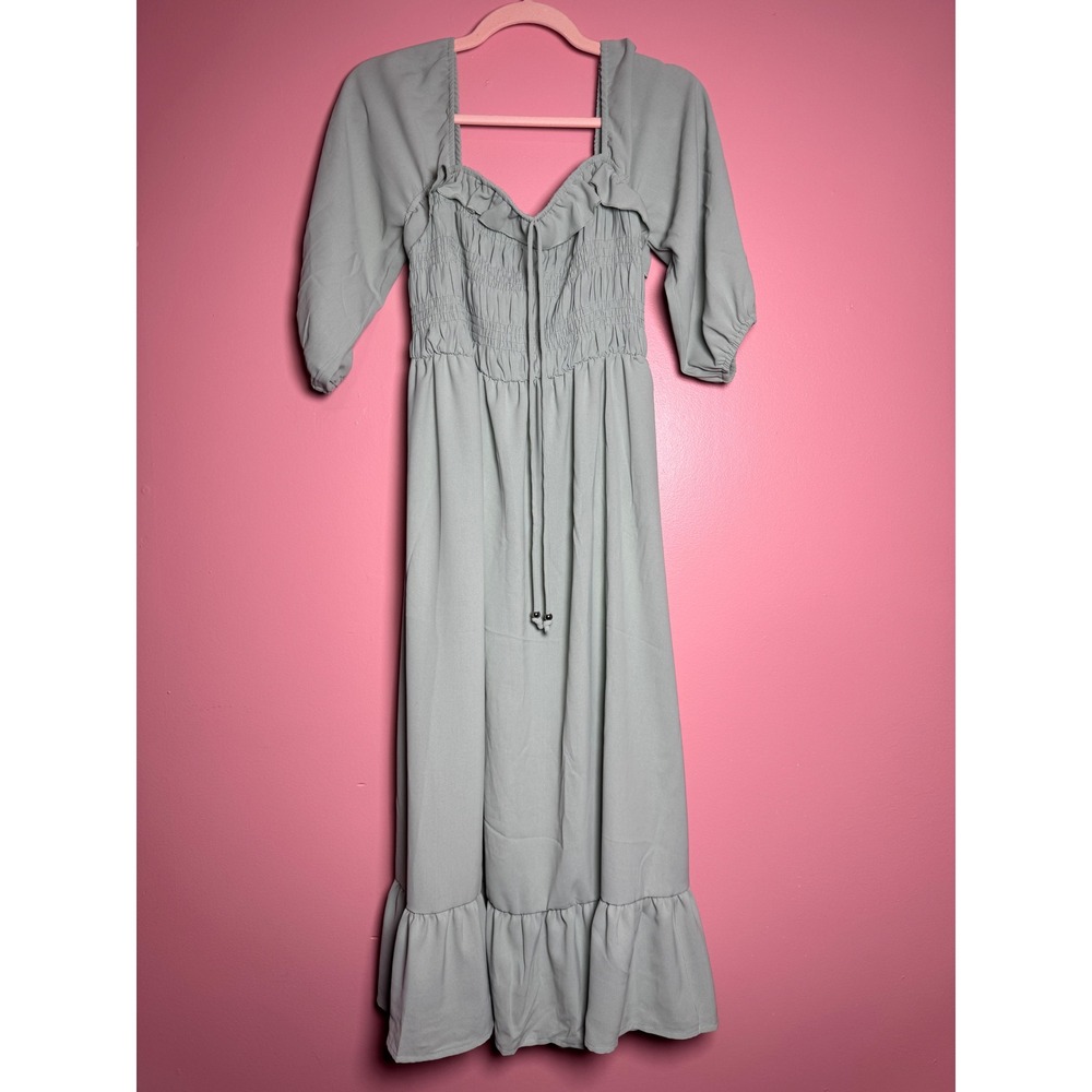 Sage Green Smocked Midi Dress Ruffle Square Neck Cottagecore 3/4 Sleeve M